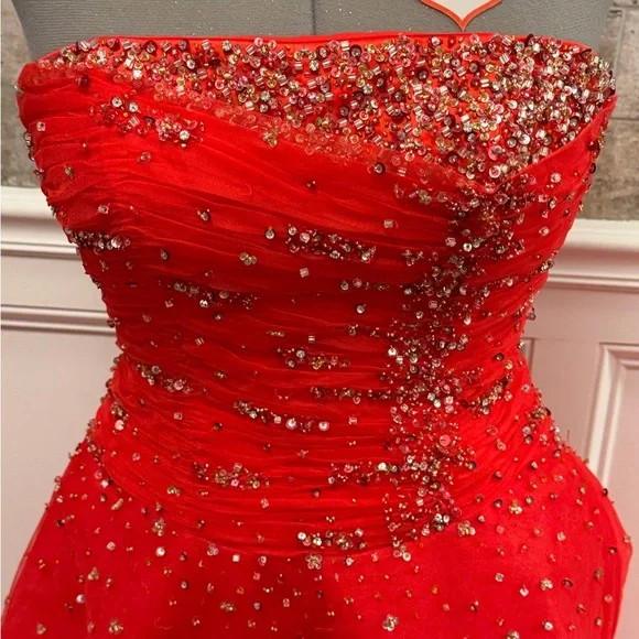 Strapless Red Beaded Prom Gown - Picture 2 of 6